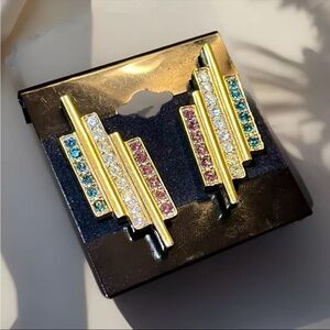 Vintage Monet Gold Tone Bars Red White Blue Rhinestones Clip On Earrings